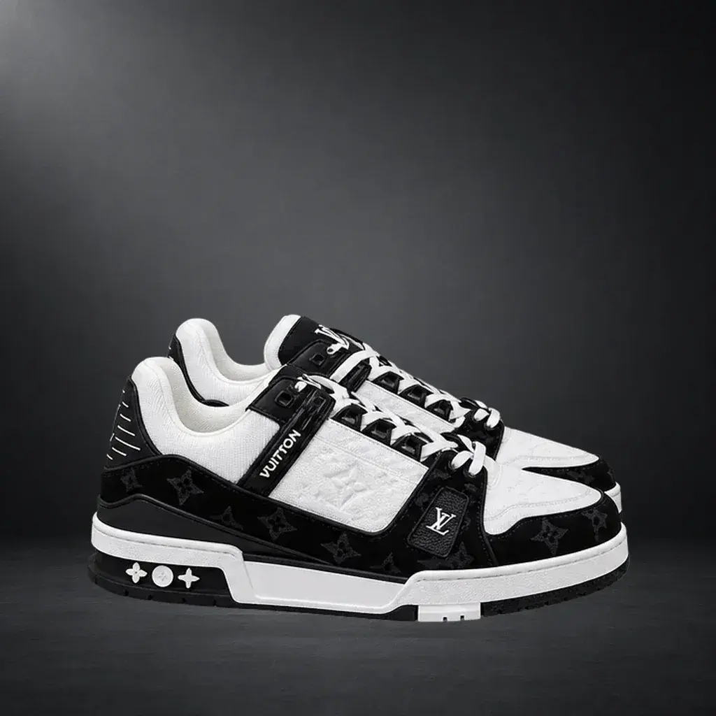 LV Trainer blanco y negro, vista principal sobre fondo carbón